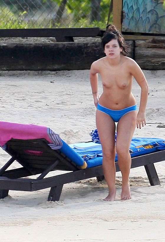 Lily Allen nude perky topless on the beach
 #75390339