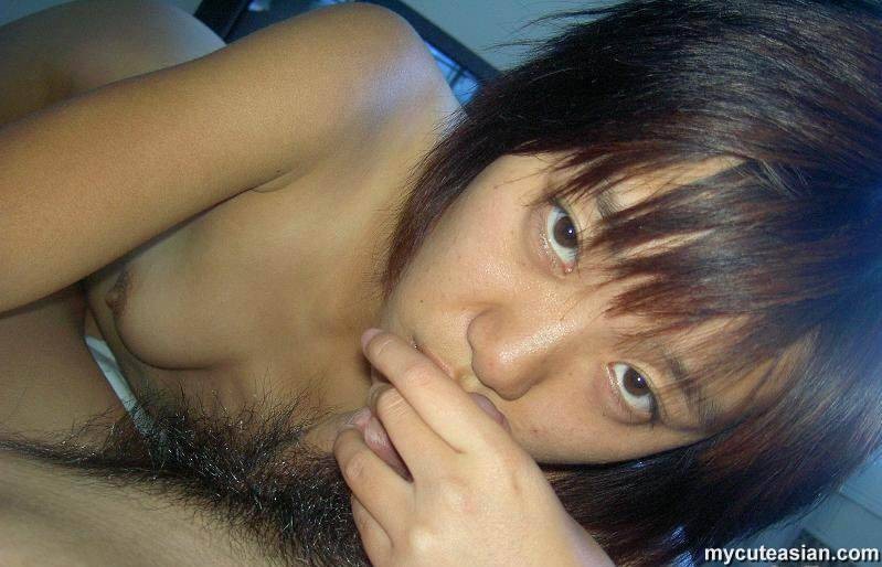 Amateur Asian teen GF rubs hairy pussy on cock and gives blowjob #69937491