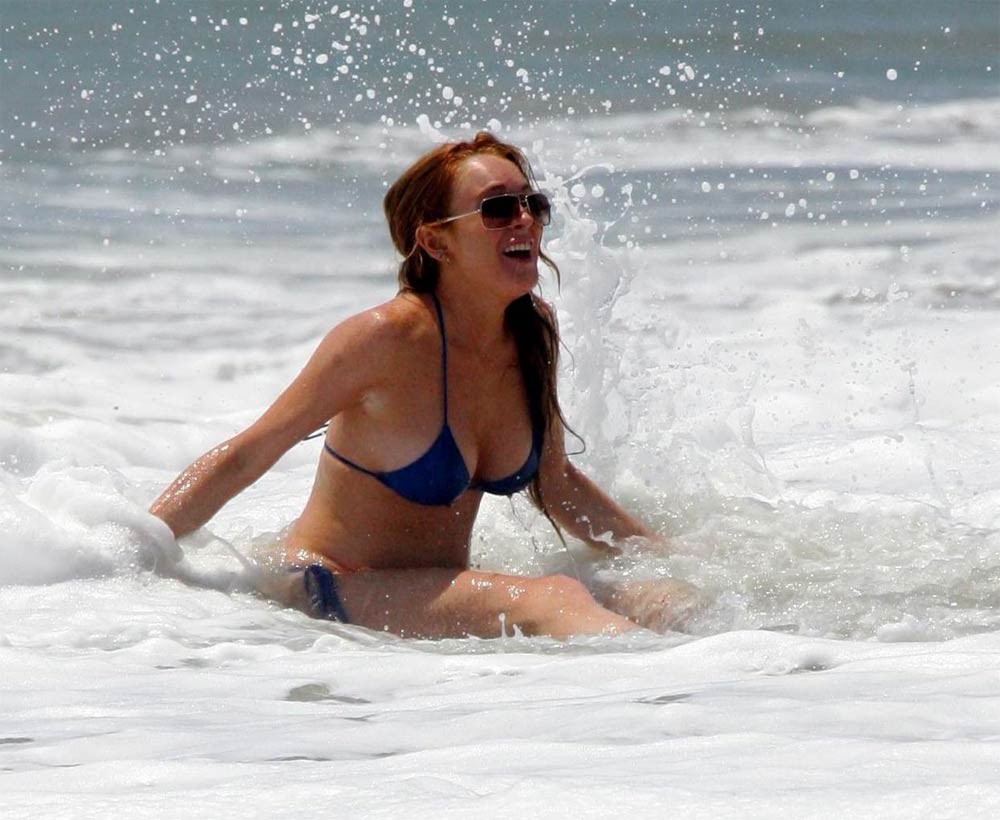 Lindsay Lohan in blue bikini beach paparazzi pictures #75442715