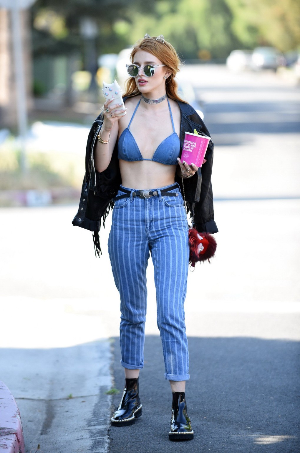 Bella Thorne busty in denim bikini top and jeans #75140786