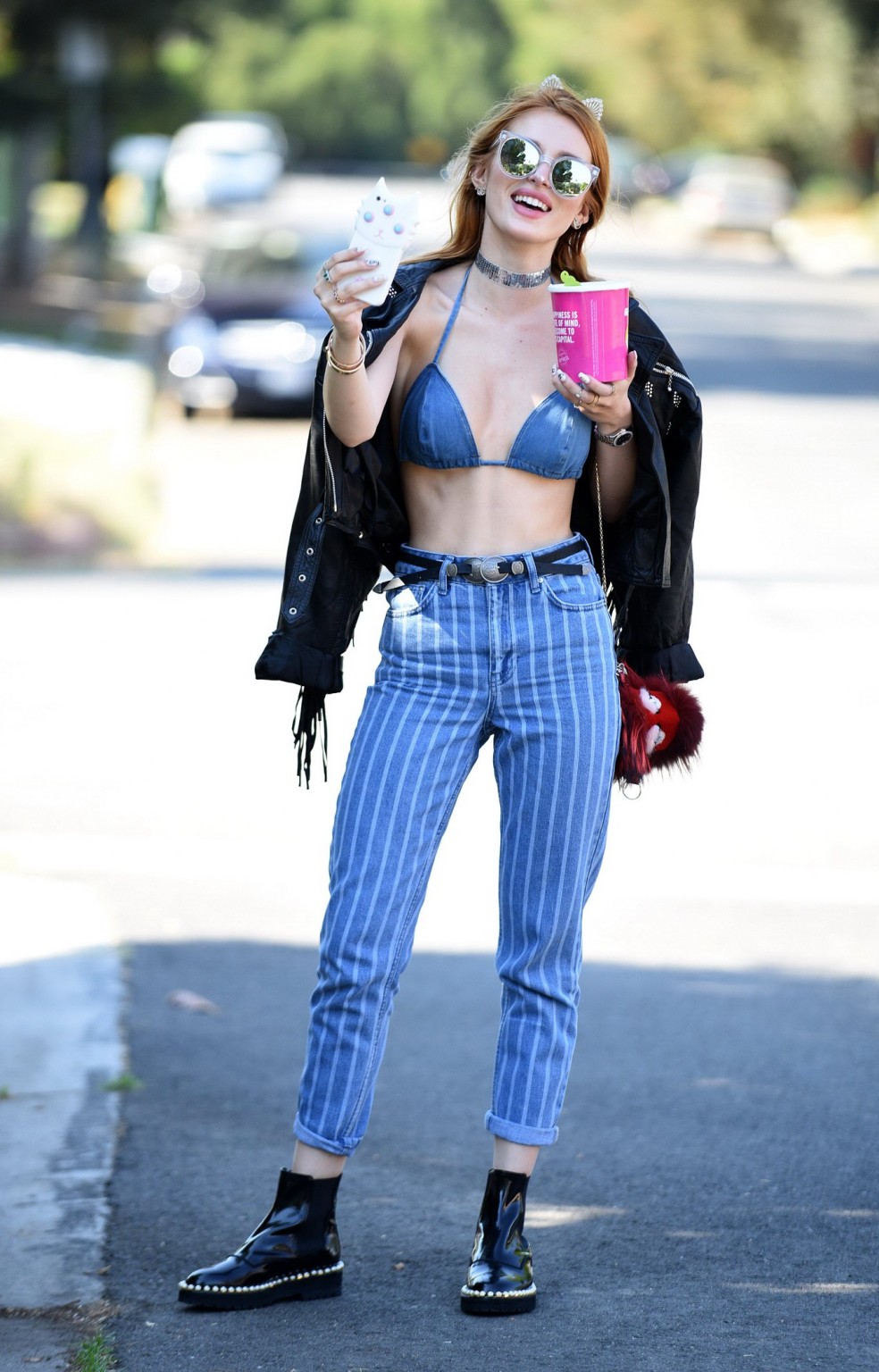 Bella Thorne busty in denim bikini top and jeans #75140810