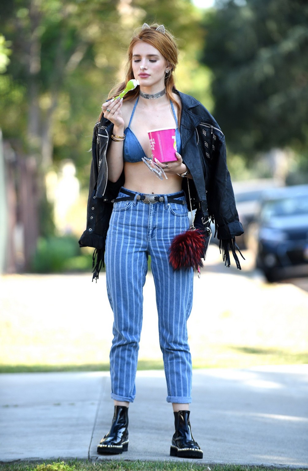 Bella Thorne busty in denim bikini top and jeans #75140820