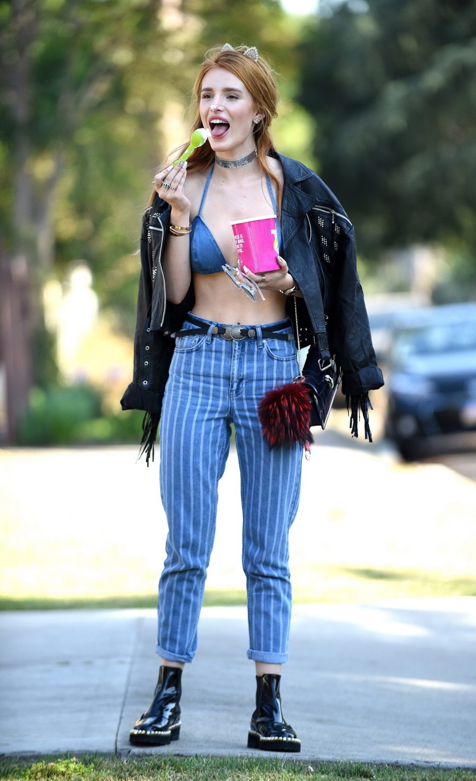 Bella Thorne busty in denim bikini top and jeans #75140824