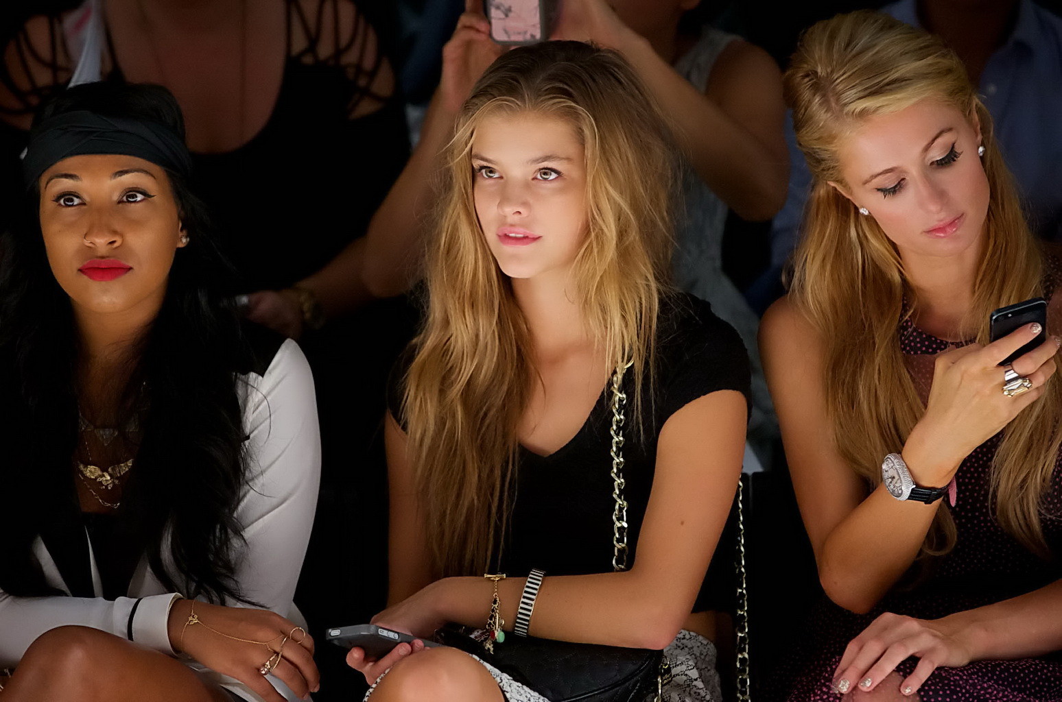 Nina Agdal upskirt while sitting next to Paris Hilton at the Betsey Johnson Fash #75219306