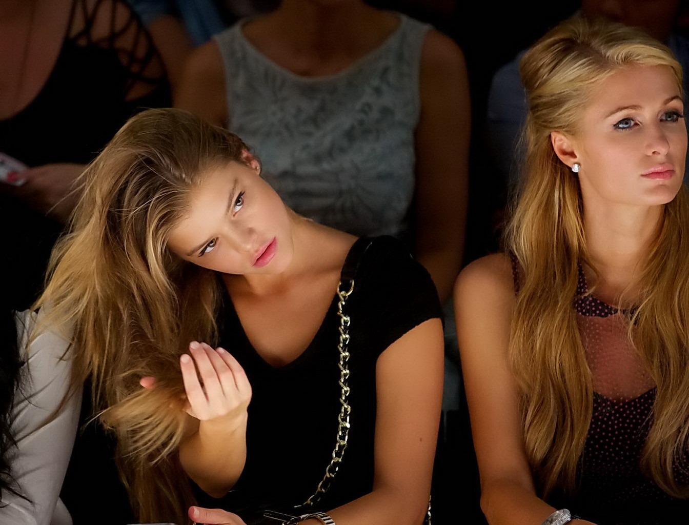 Nina Agdal upskirt while sitting next to Paris Hilton at the Betsey Johnson Fash #75219389