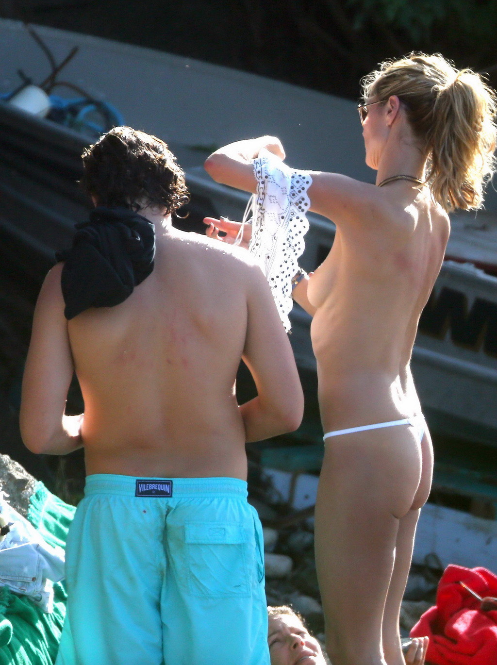 Heidi Klum caught topless in a white thong during a vacation in StBarts #75177327