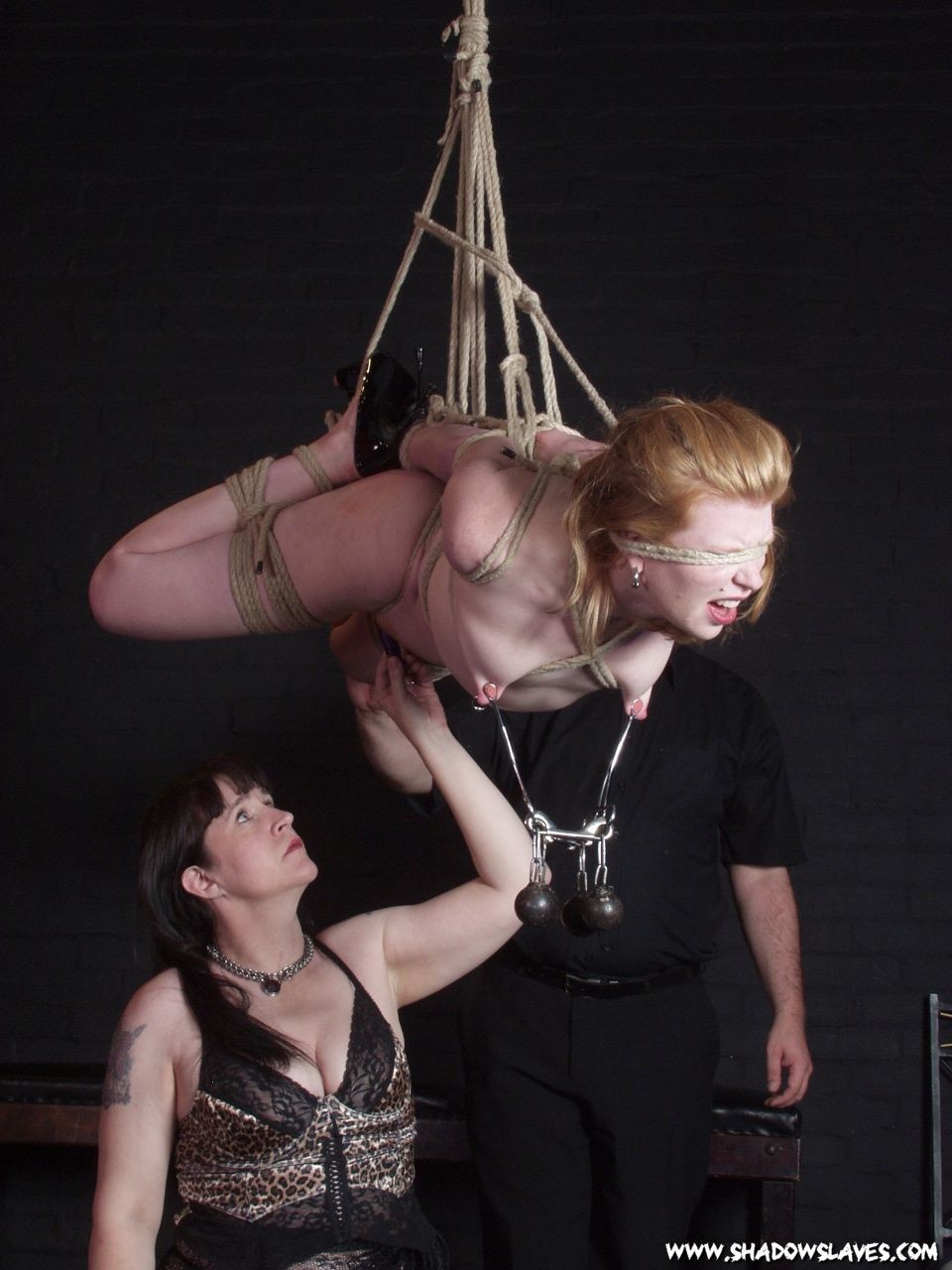 Suspension bondage and tit torture of lesbian slaveslut Madison in extreme nippl #72063168