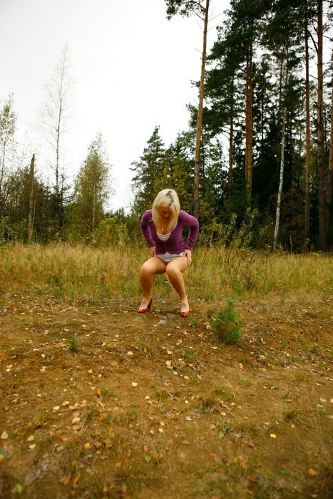 Yummy blonde teen without panties takes a piss in the forest #76568621