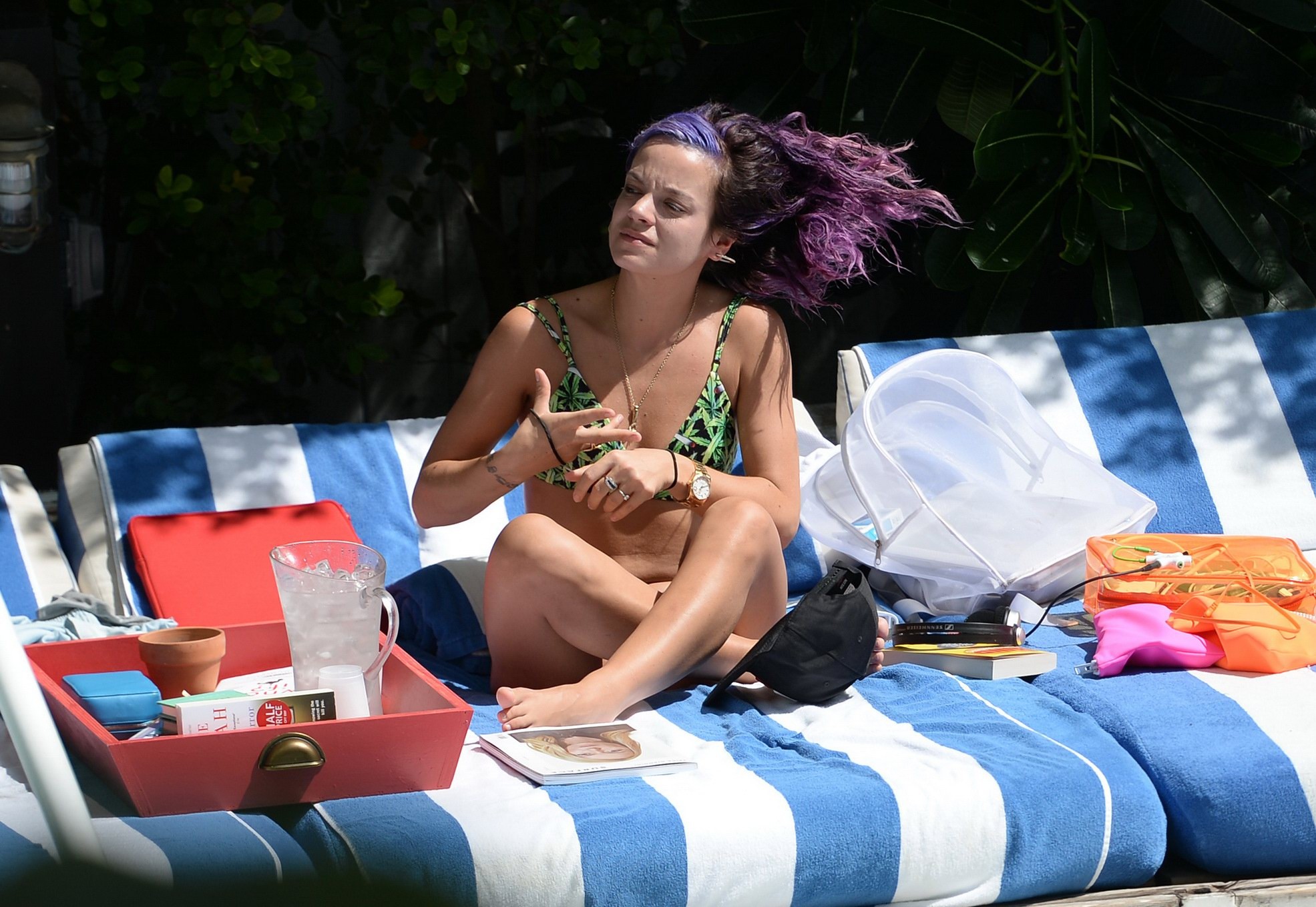 Lily Allen showing off her round butt in a leaf print bikini at the hotel pool i #75186160