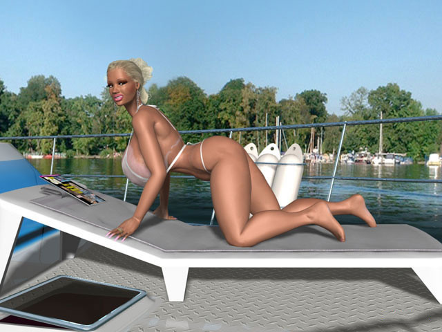 Une blonde 3d aux énormes seins naturels prend un bain de soleil sur un yacht de mer
 #67050027