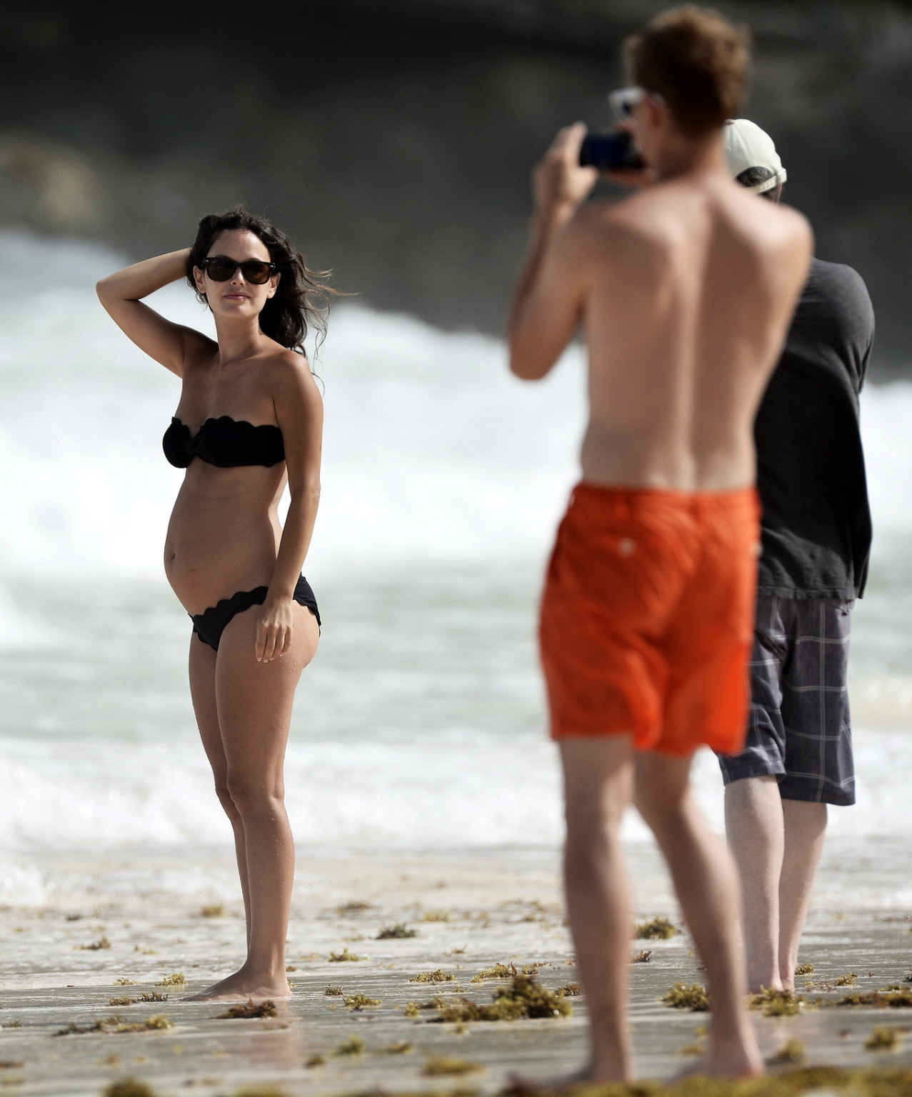 Rachel Bilson pregnant wearing a strapless black bikini on a beach in Barbados #75193886