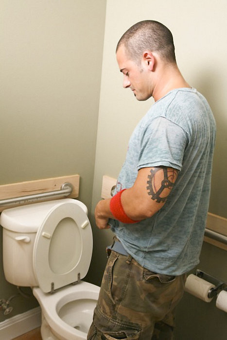 A sweet stud sucking by the turn two amateur cocks in the john #76915317