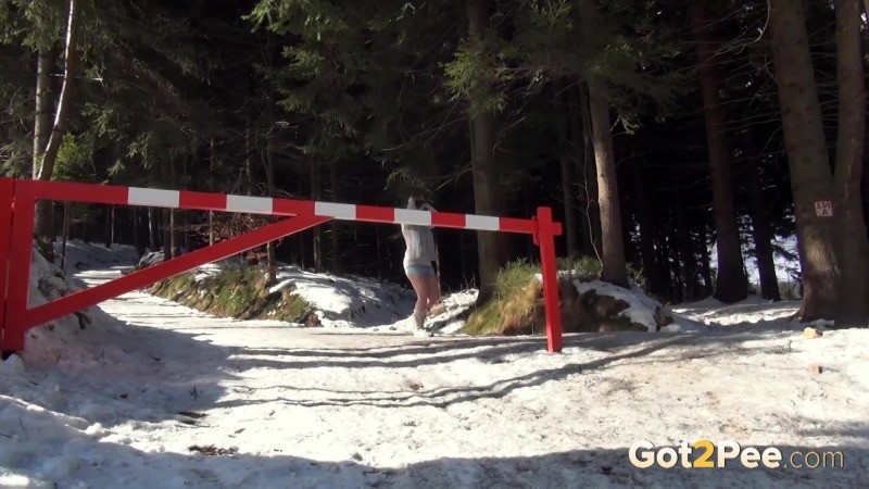 Hübsche Brünette hebt ihren Rock an, um in den Schnee zu pissen
 #67489700