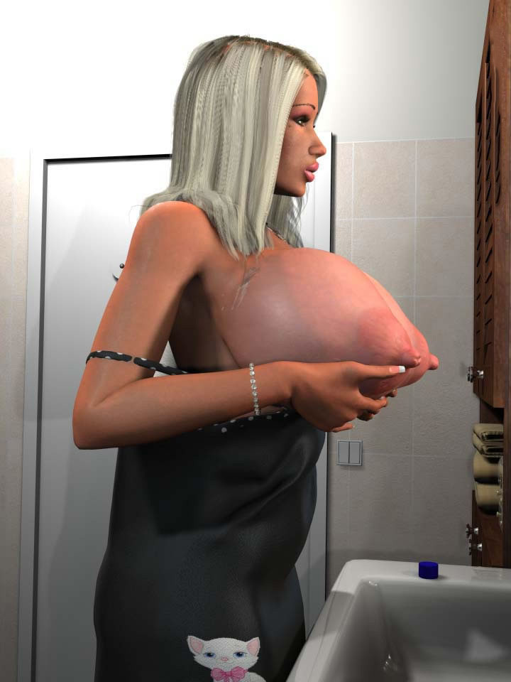 Verführerische 3d-Blondine entblößt ihre enormen Titten im Badezimmer
 #79476783