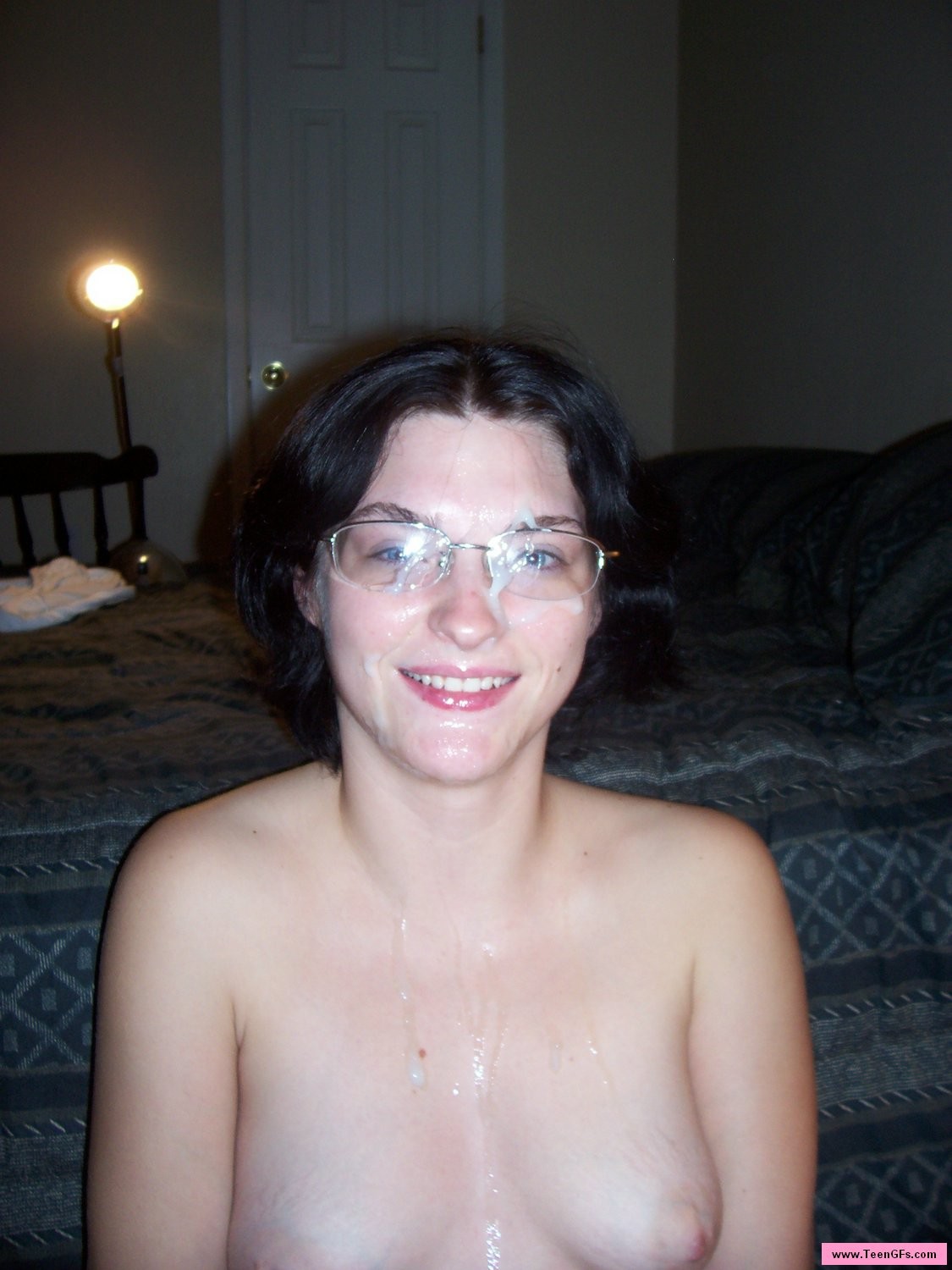 Brunette takes cumshot and gets jizz on her glasses #74129009