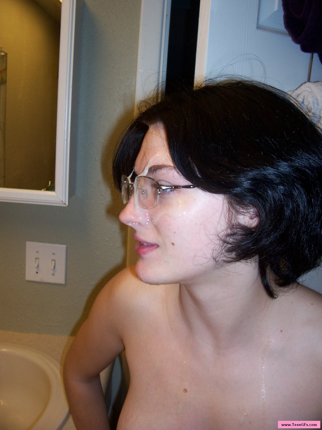 Brunette takes cumshot and gets jizz on her glasses #74129052