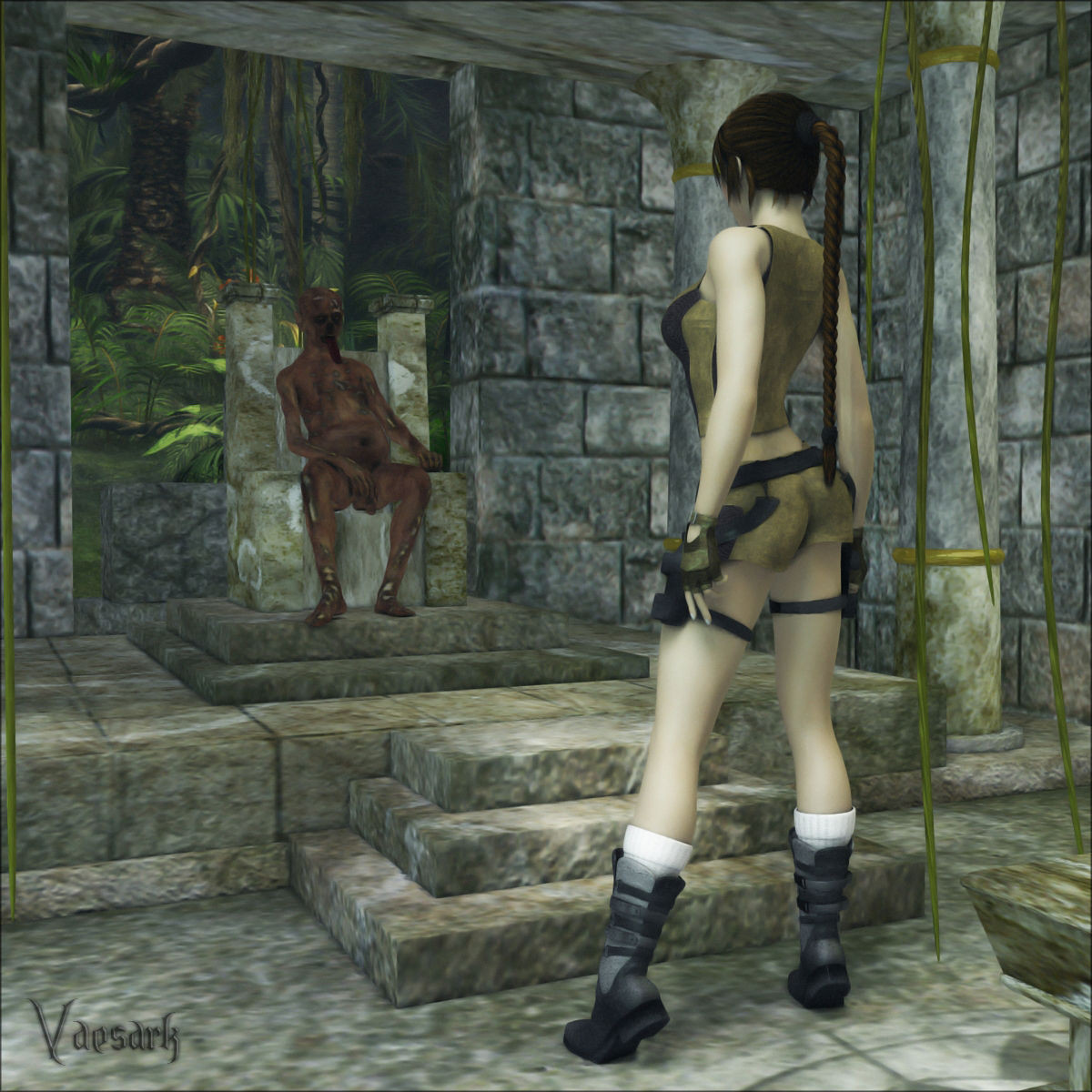 Sexy Teen gekleidet wie ein Tom Raider reitet einen großen Monsterschwanz
 #69488728