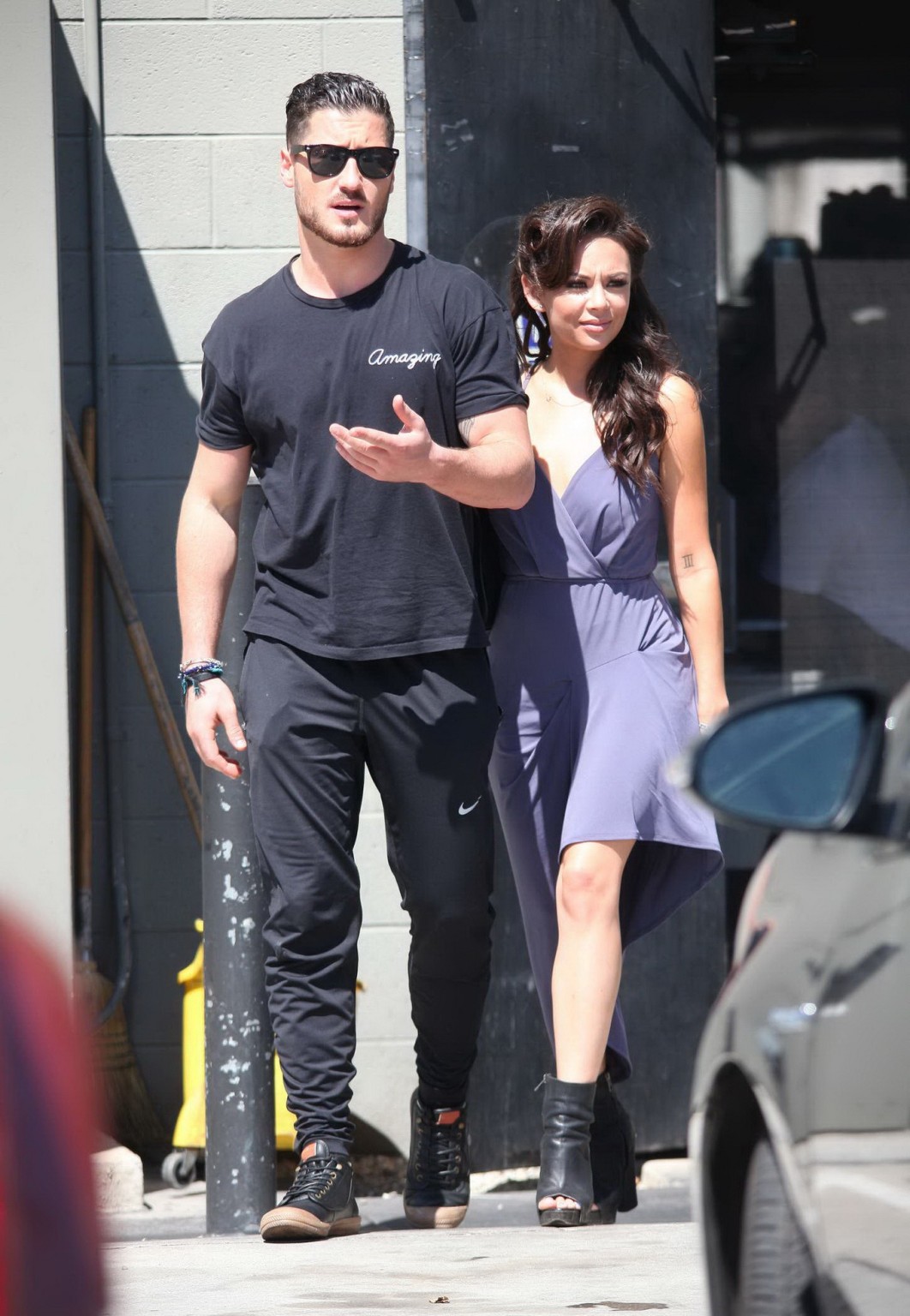 Janel Parrish cleavy and leggy in a short purple dress leaving DWTS Rehearsal in #75185748