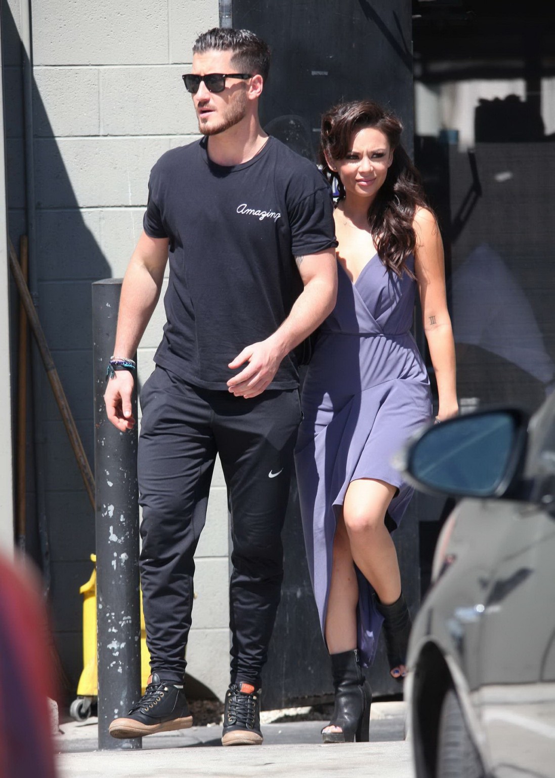 Janel Parrish cleavy and leggy in a short purple dress leaving DWTS Rehearsal in #75185758