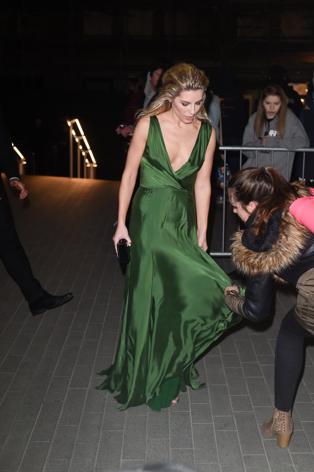 Mollie King braless showing huge cleavage in a green maxi dress at ELLE Style Aw #75171542