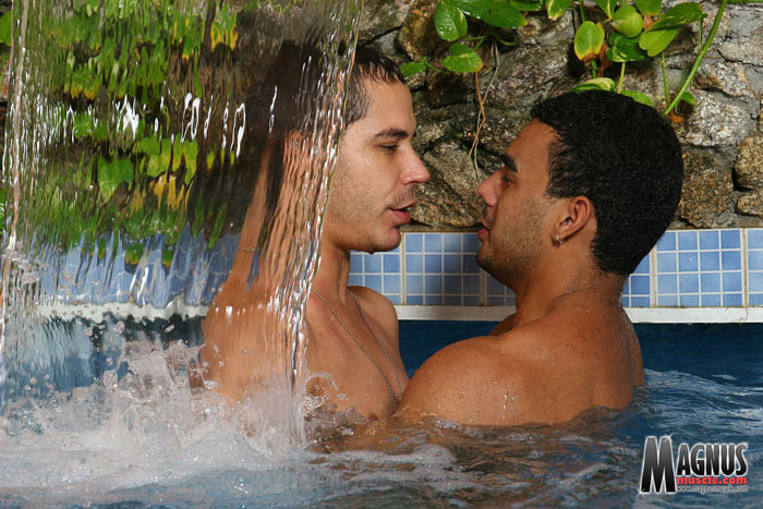 ゲイの恋人たちがプールでフェラチオをしながらセックスをする
 #76982612
