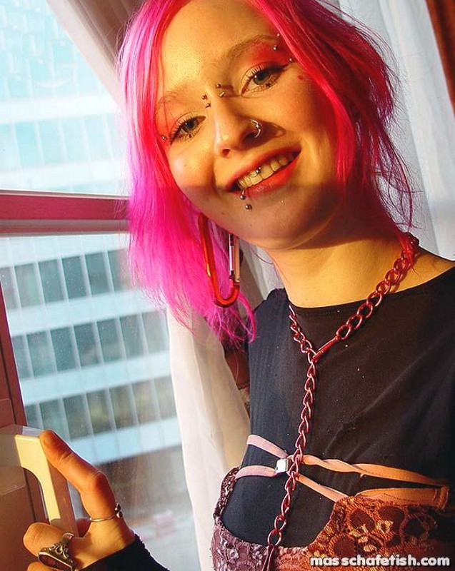 Crazy pink haired hottie Masscha exposing her hot pierced nipples #70425583