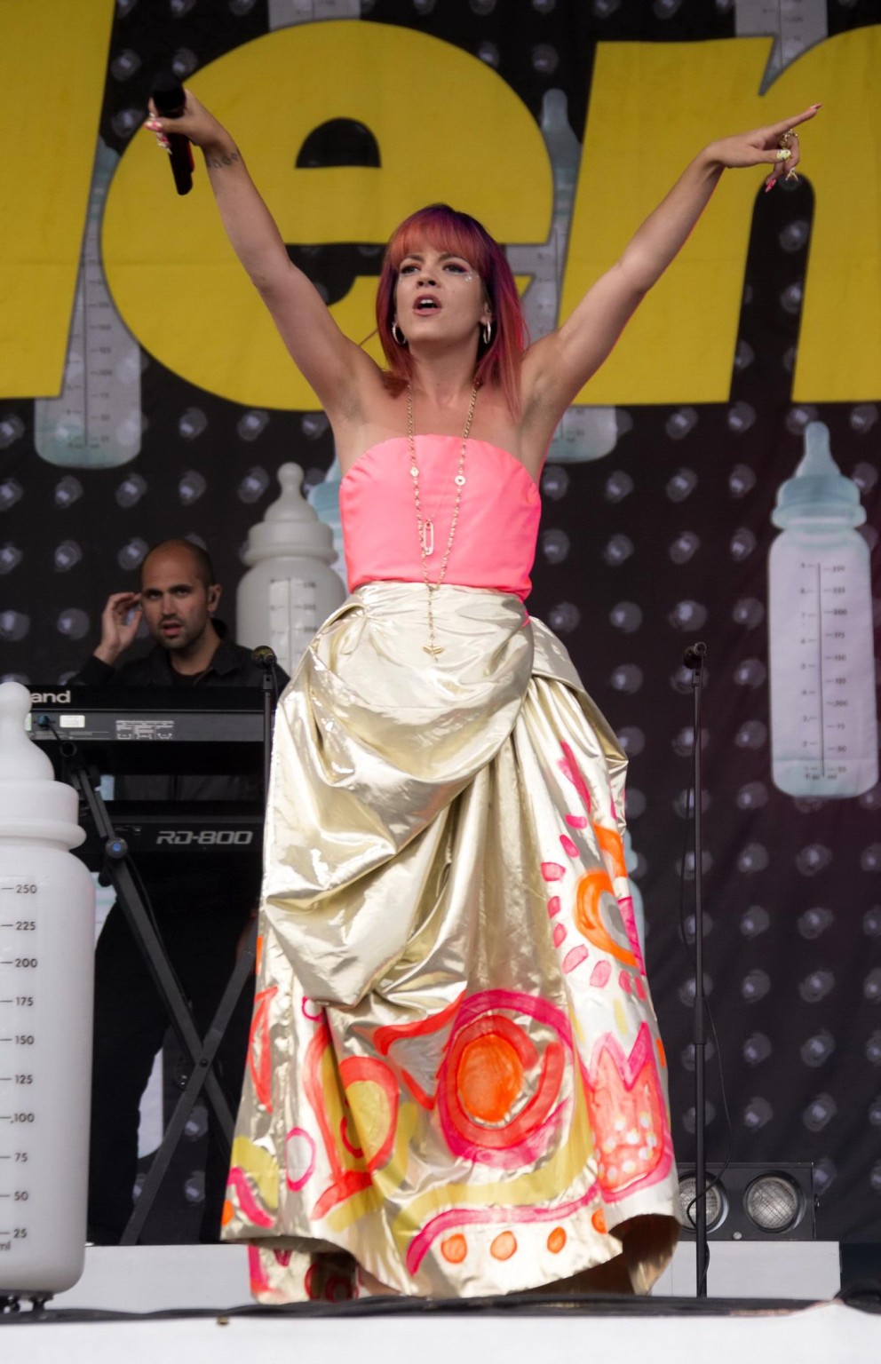 Lily Allen flashing her pink panties on stage at the Glastonbury Festival #75192443