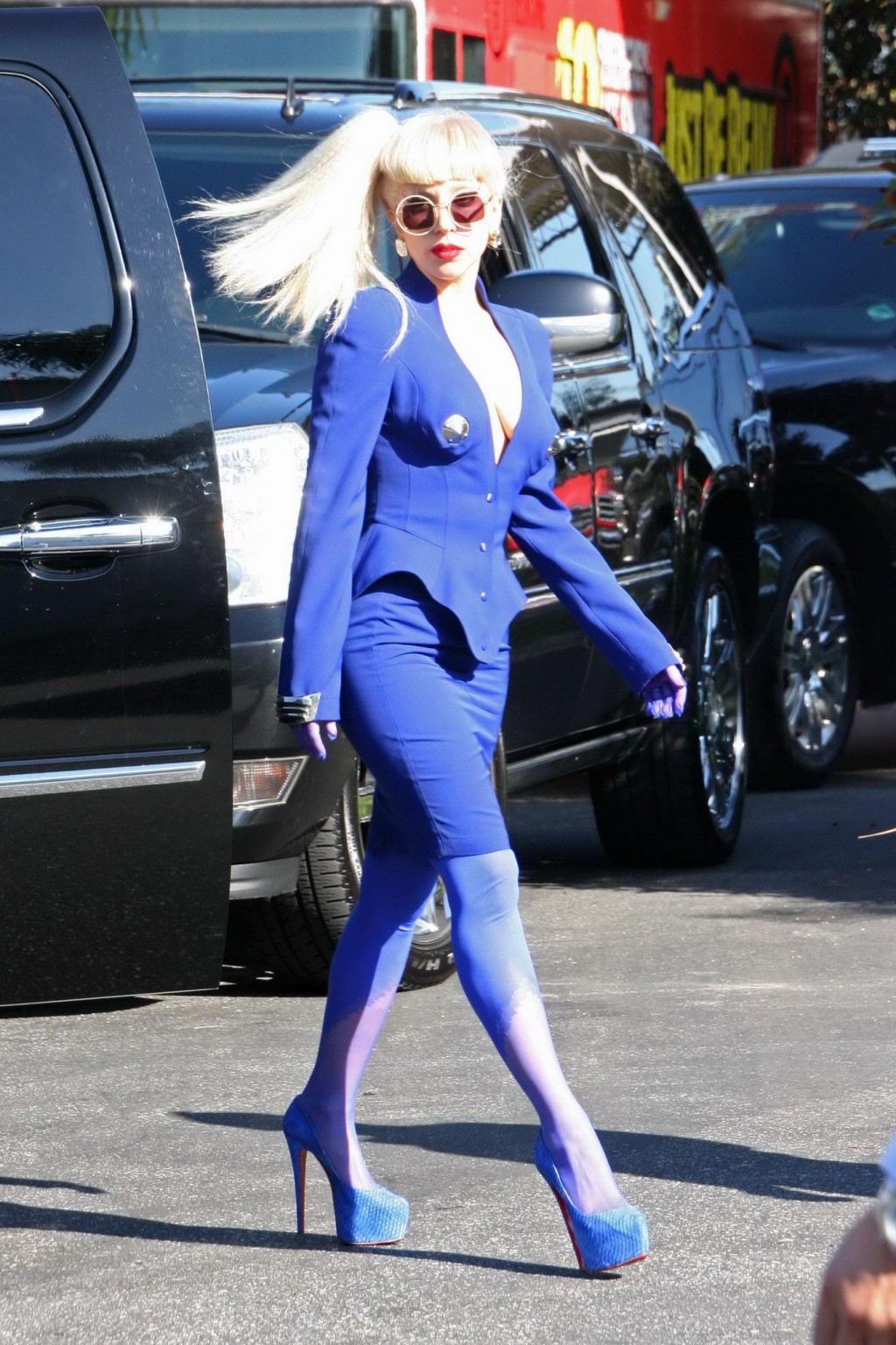 Lady Gaga shows side-boob wearing sexy blue outfit outside Amp Radio in LA #75294170