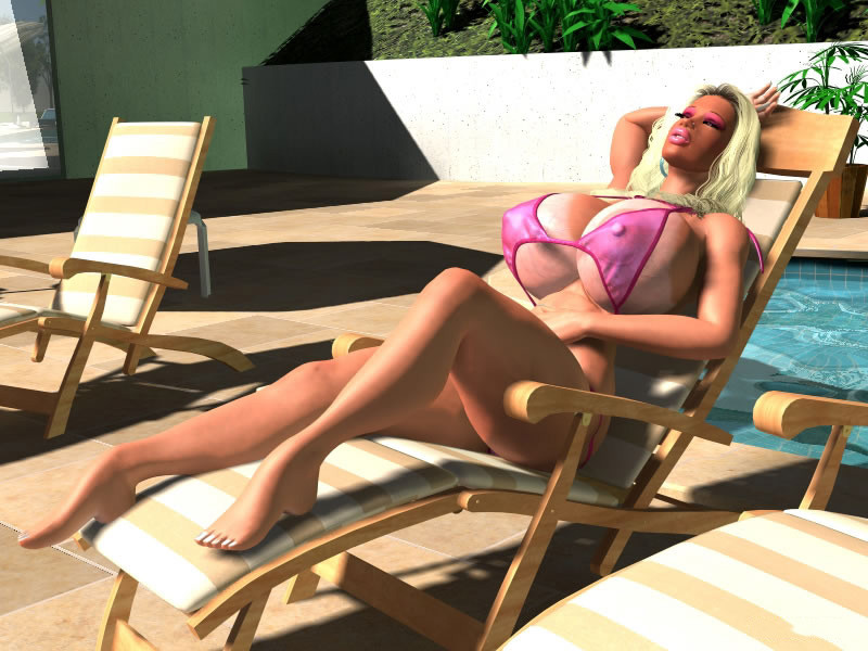 Pornstar 3D sexy busty blonde in bikini sunbathing outdoors #67049619