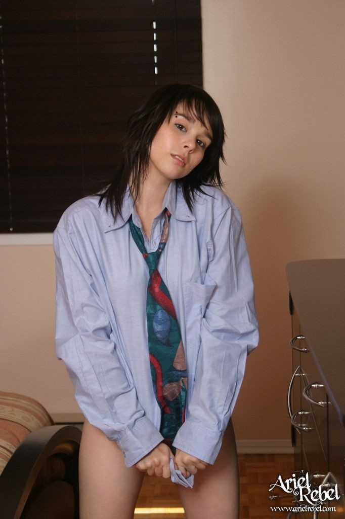 Lovely teen brunette wearing nothing under her sexy men shirt #71312903