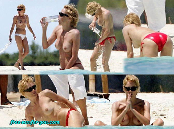 Sharon Stone showing her nice shaved pussy and big tits on beach #75420979