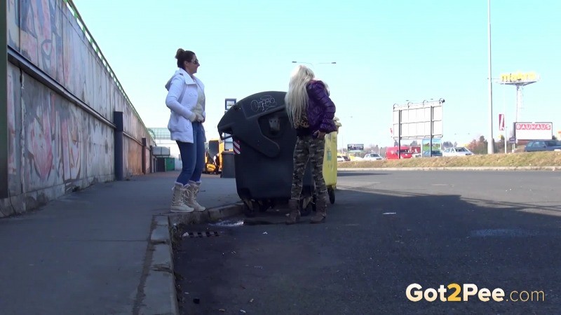 Two girlfriends piss in public next to bus stop #67499971