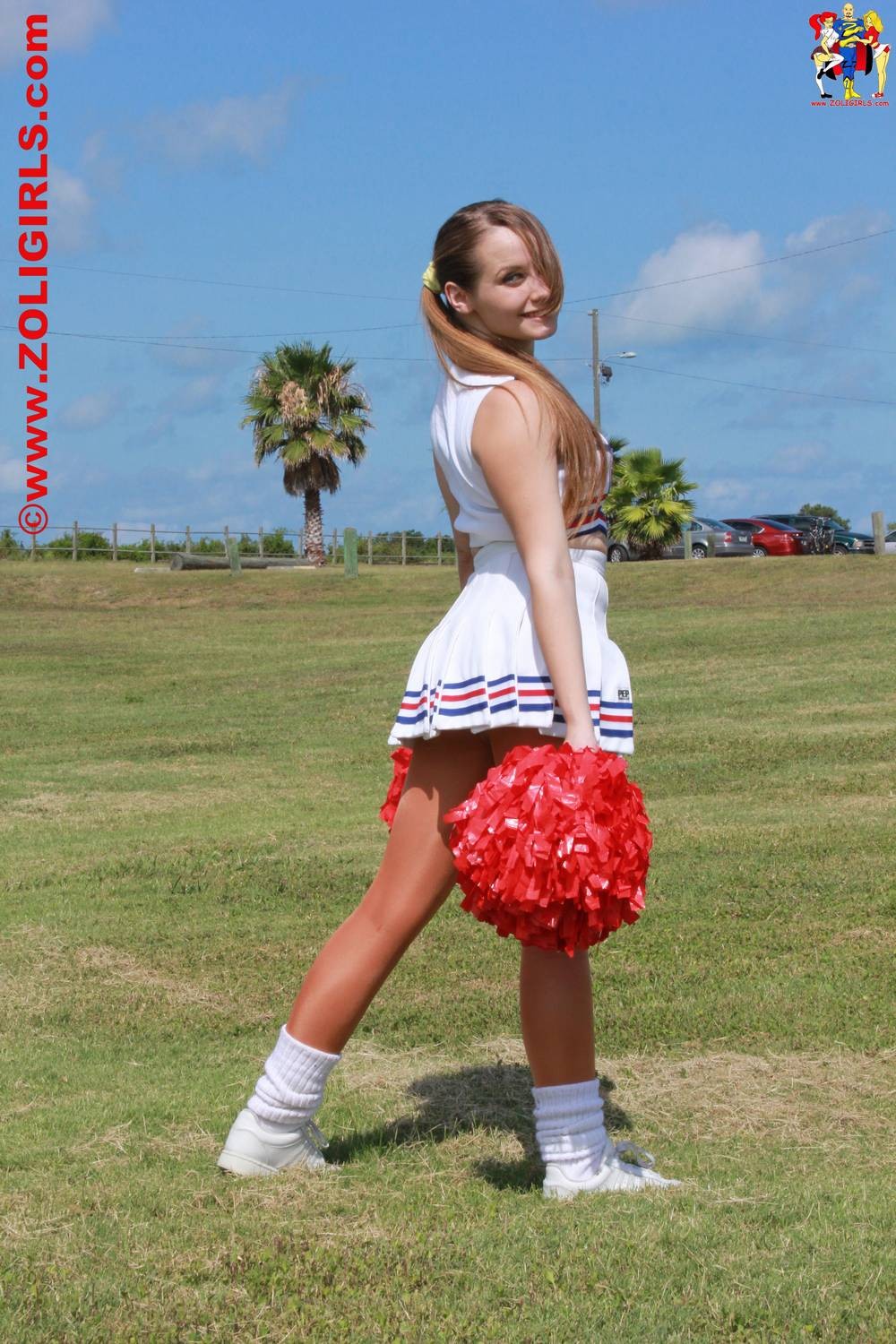 Cute cheerleader posing outside in her pantyhose #75464222