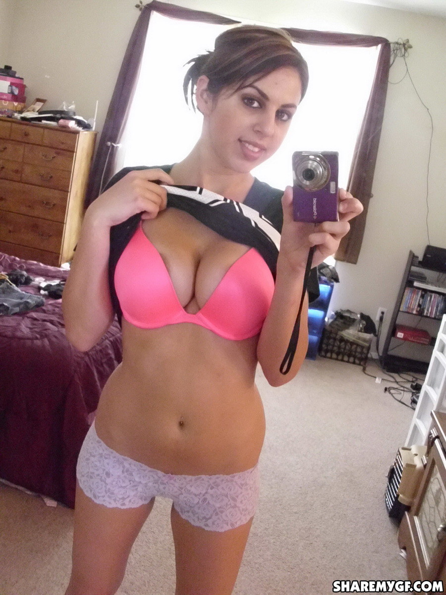 Cute girlfriend takes selfshot teasing pictures in her hot pink bra and lace boo #67602773