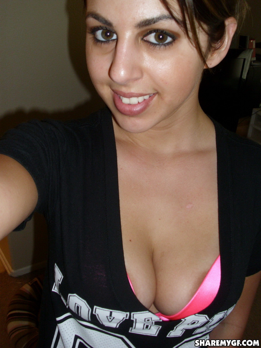 Cute girlfriend takes selfshot teasing pictures in her hot pink bra and lace boo #67602813