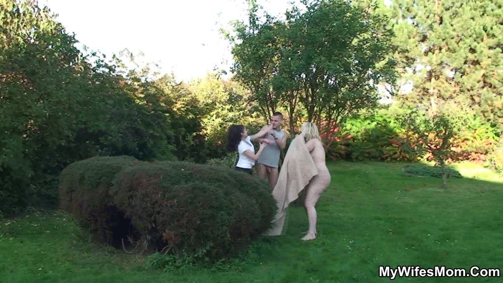 Mature plumper riding son-in-laws cock out in yard #78451353