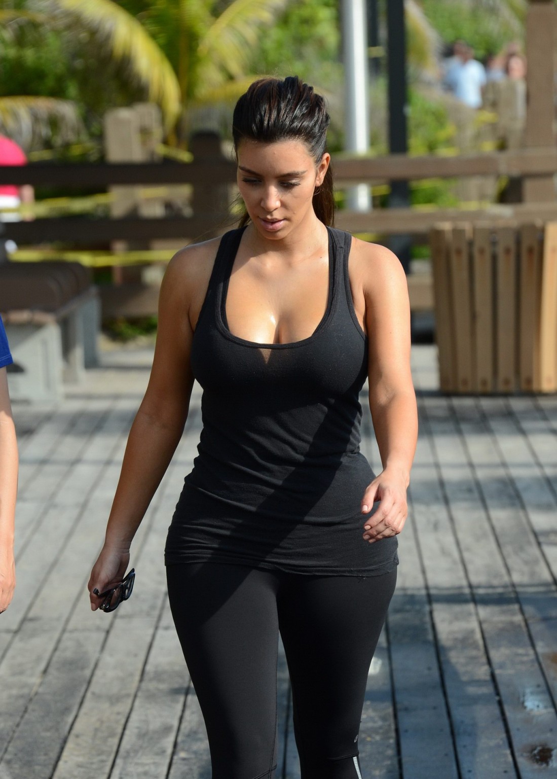 Kim Kardashian showing her sweaty cleavage  booty after a morning workout on a b #75251203