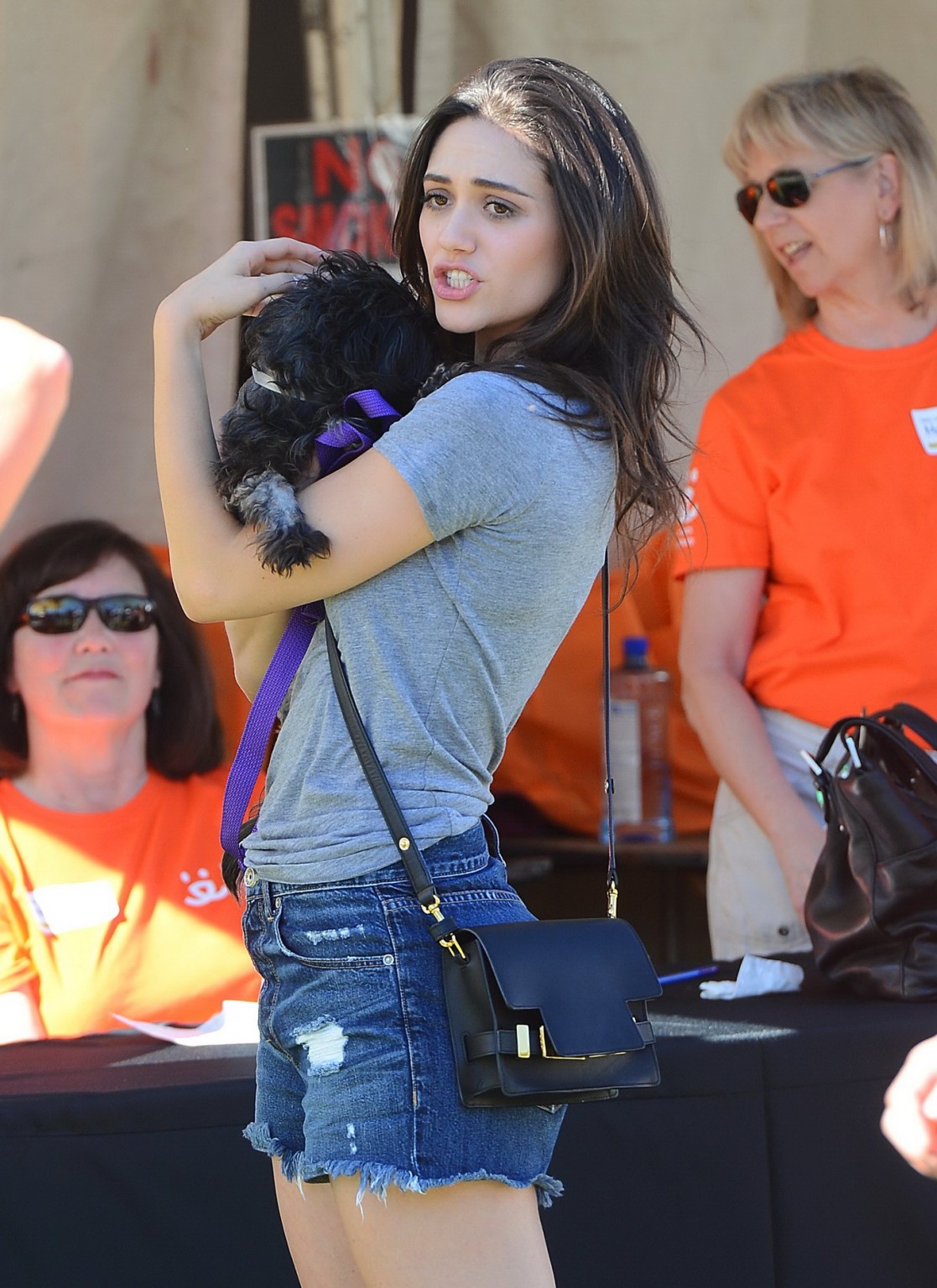 Emmy Rossum busty and leggy wearing denim shorts and top at the NKLA Adoption Ev #75181153