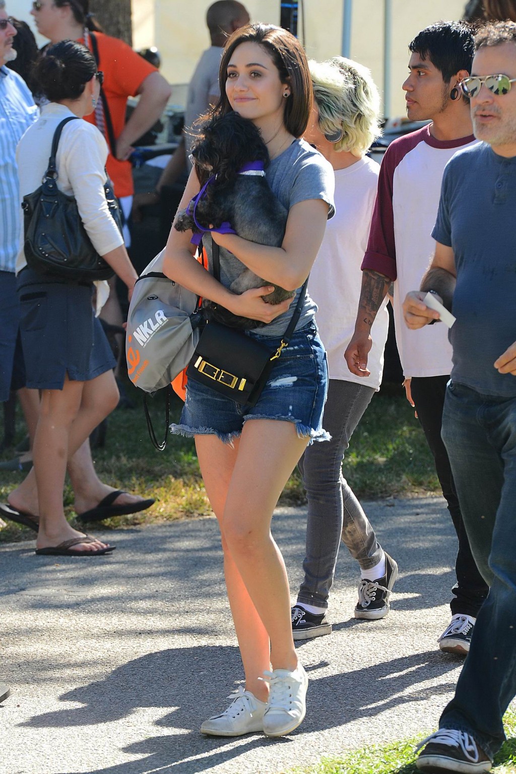 Emmy Rossum busty and leggy wearing denim shorts and top at the NKLA Adoption Ev #75181194