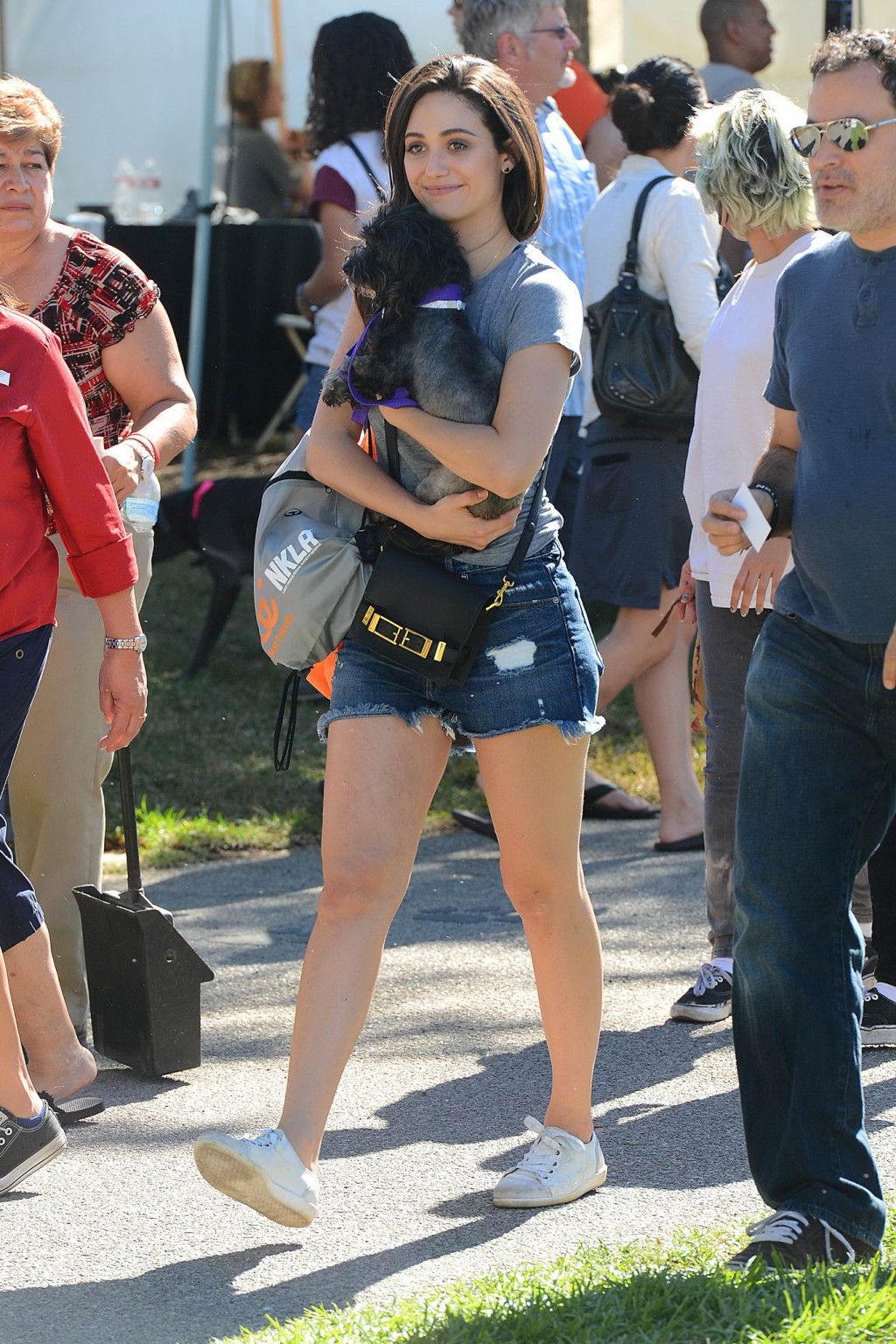 Emmy Rossum busty and leggy wearing denim shorts and top at the NKLA Adoption Ev #75181271