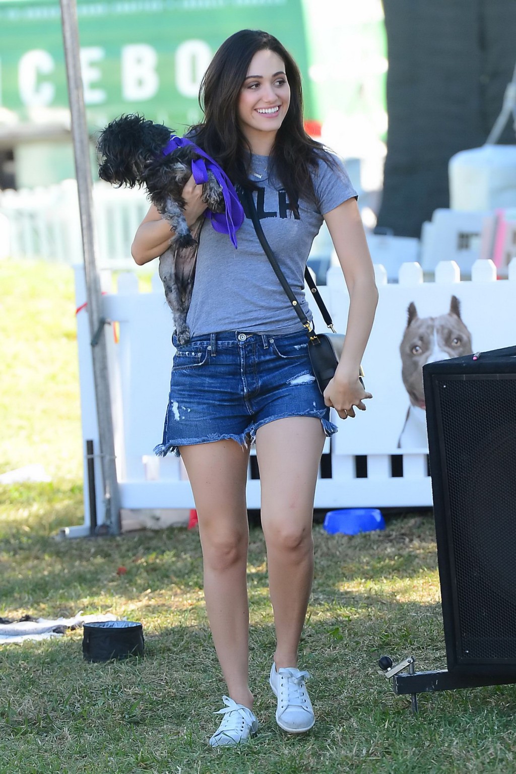 Emmy Rossum busty and leggy wearing denim shorts and top at the NKLA Adoption Ev #75181320