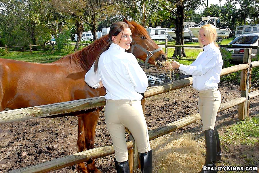 2 amazing perky titty teens ride a horse to the barn where it all goes down in t #67374415