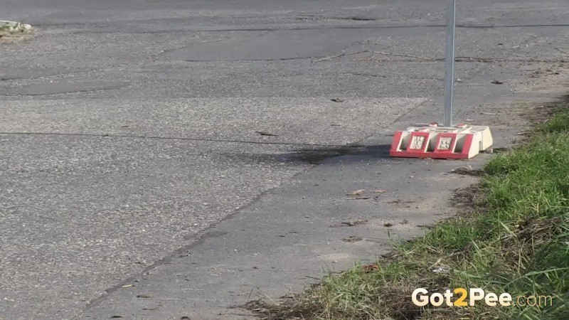 Brünette Mädchen macht eine pissige Pfütze auf der Straße
 #67480689