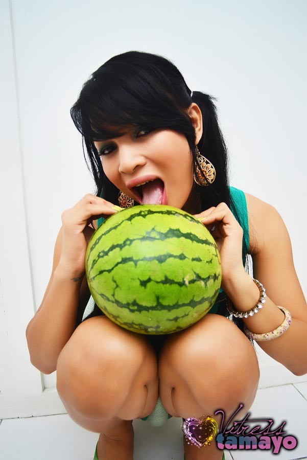 Big Tits Brunette tranny fucking a watermelon #77868801