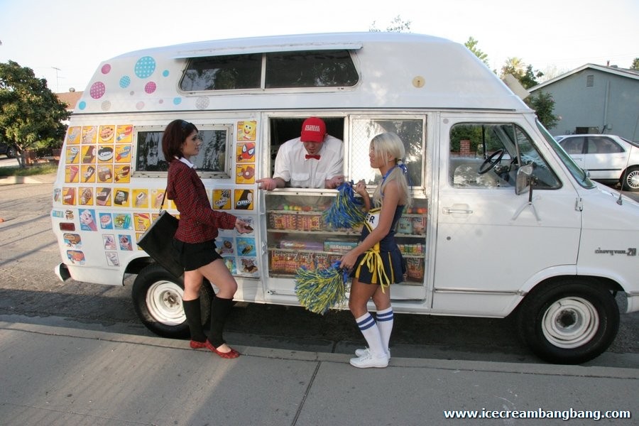 Two naughty school girls tease ice cream man with their goodies #77473513