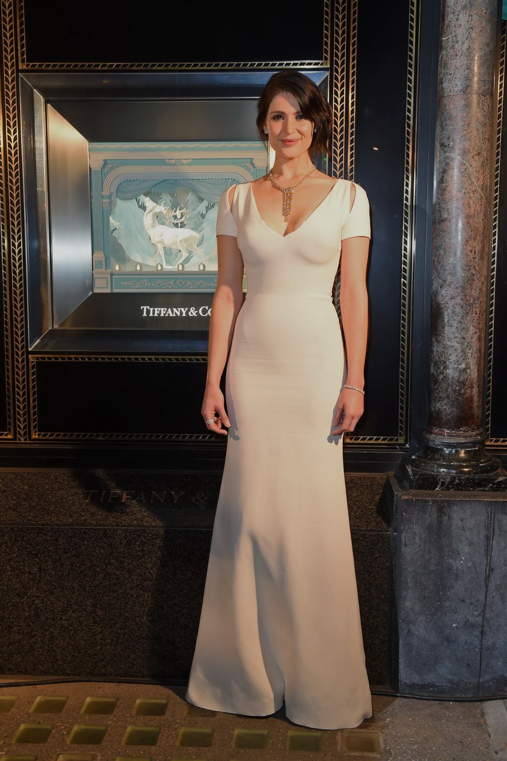 Gemma Arterton showing big cleavage in tight white dress #75150240