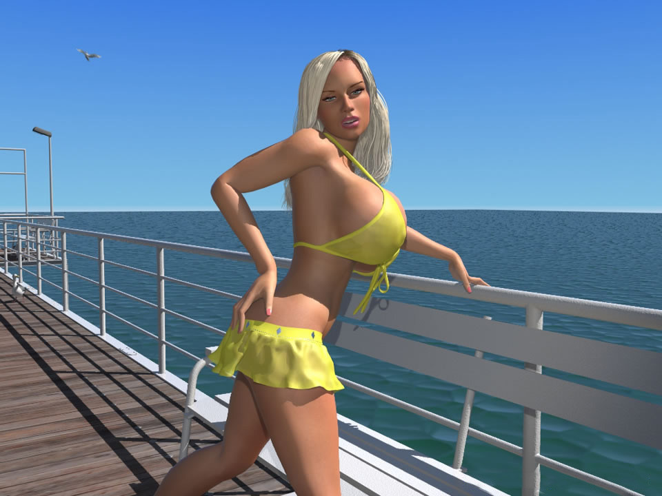 Une blonde 3d bien foutue montre ses énormes seins en bikini en plein air.
 #67047138