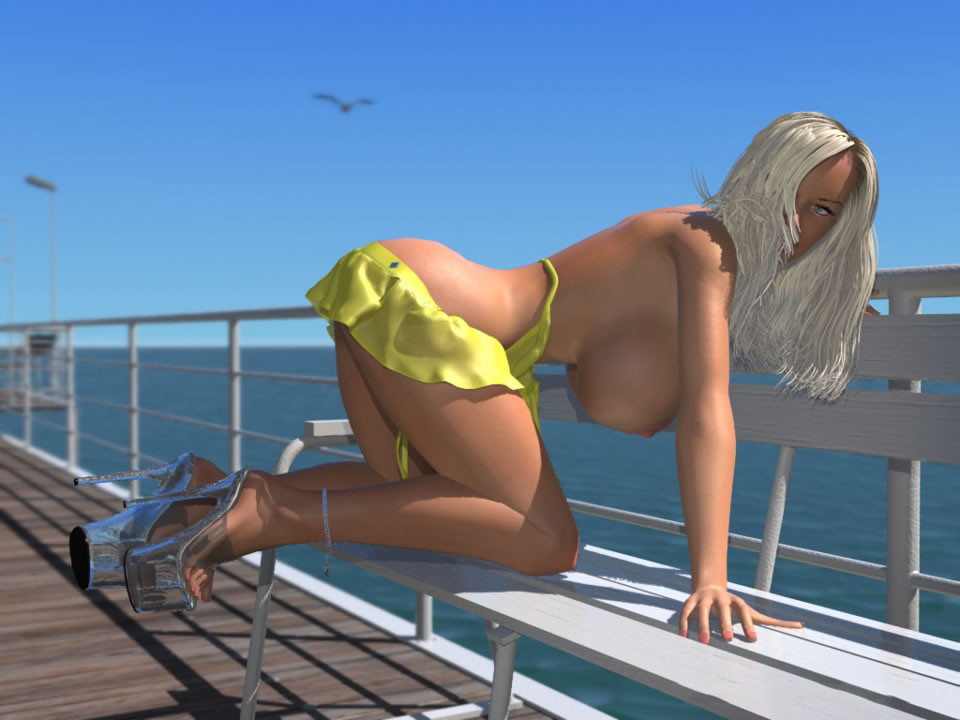 Une blonde 3d bien foutue montre ses énormes seins en bikini en plein air.
 #67047143