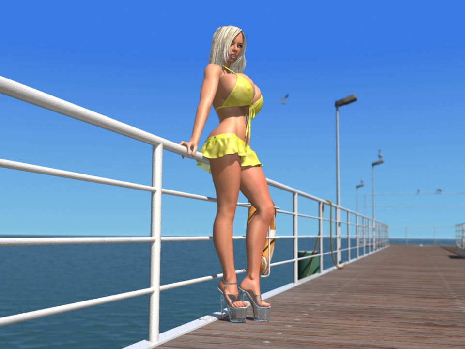 Une blonde 3d bien foutue montre ses énormes seins en bikini en plein air.
 #67047146