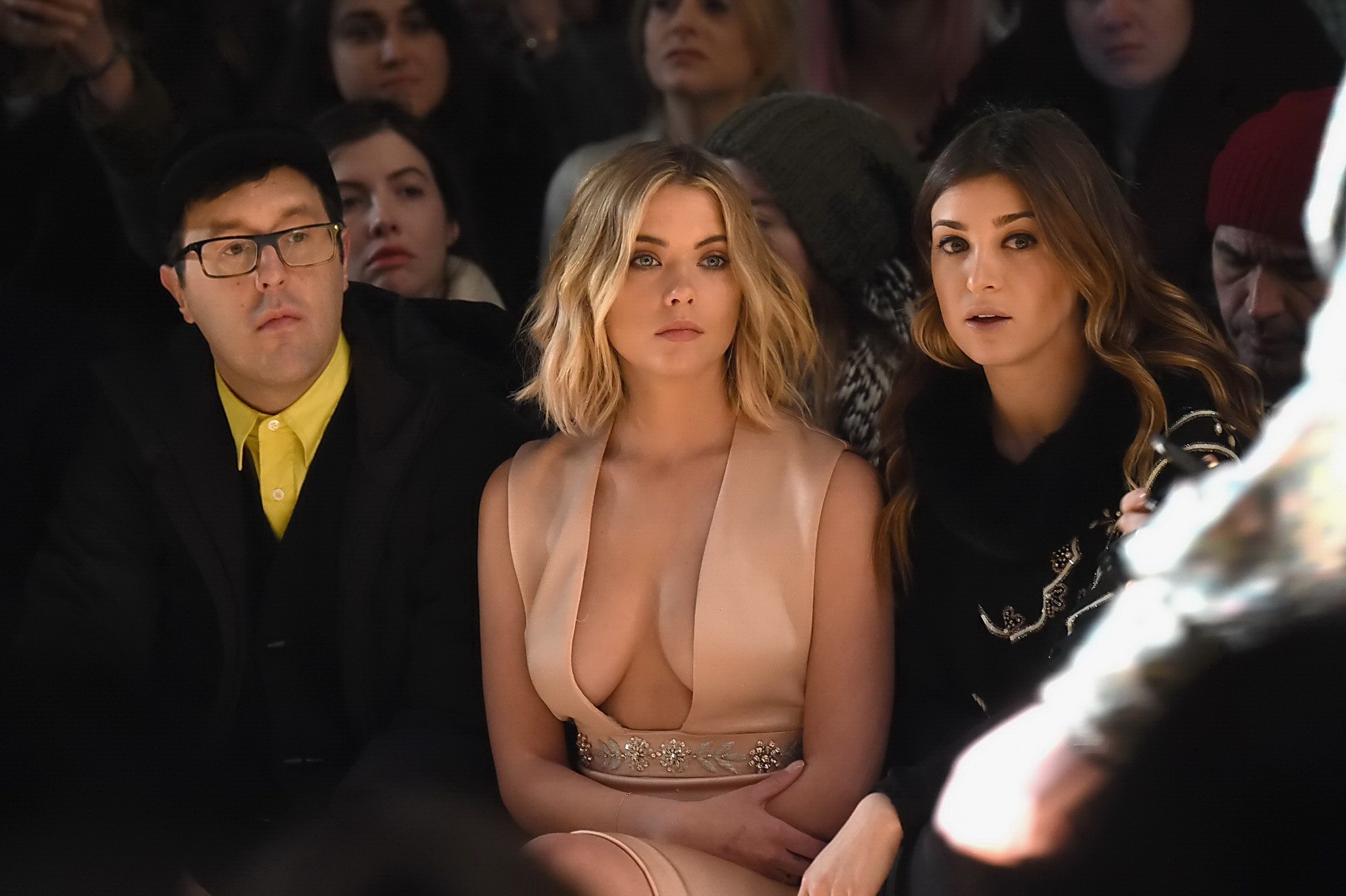 Ashley Benson braless showing huge cleavage in tight flesh colored dress at Reem #75172322